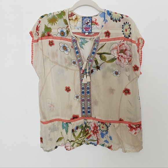 Johnny Was Embroidered Sakuro Bohemian Cap Short Sleeves Women's Size M - Picture 2 of 8